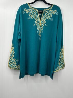 Bob Mackie Wearable Art Teal Embroidered Paisley Bell Sleeve Tunic 2X Boho Artsy
